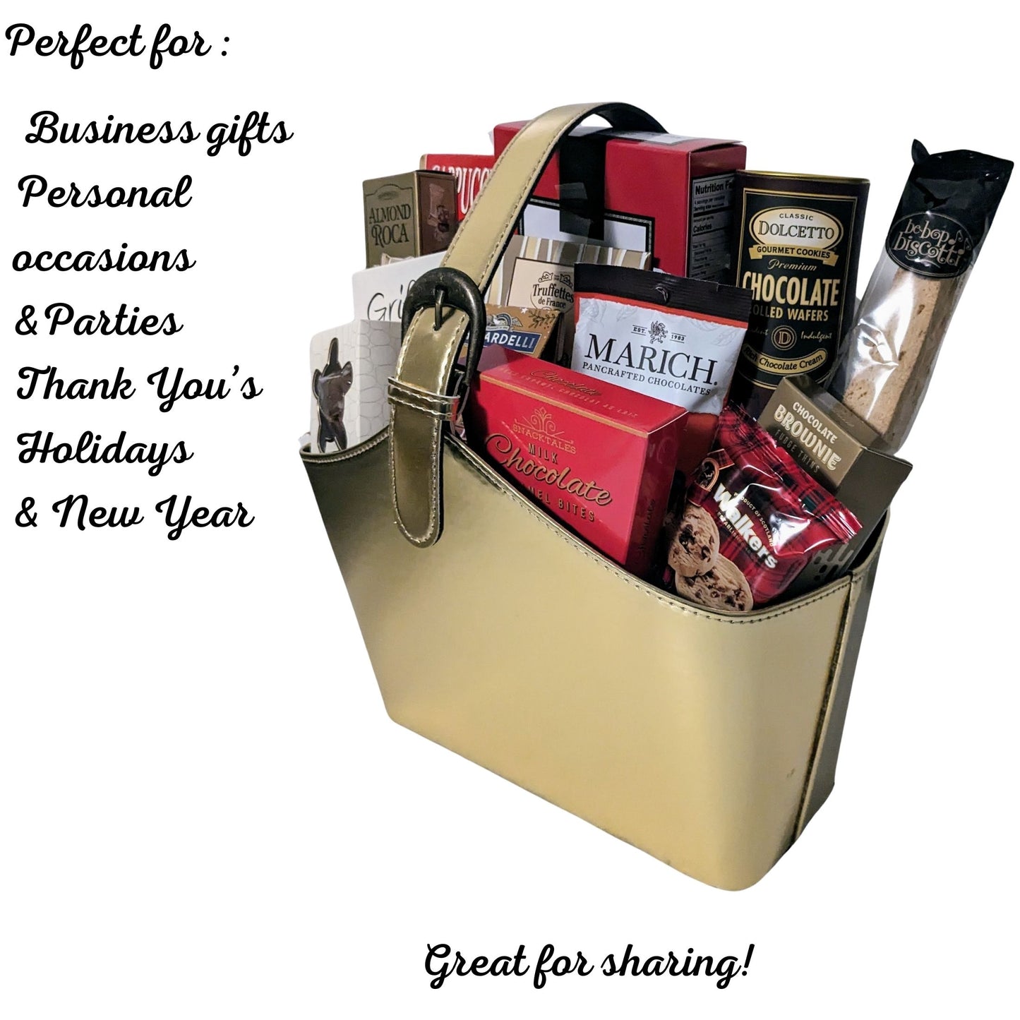 Golden Gourmet - Elegant Golden Faux Leather Tote with Chocolates & Cookies