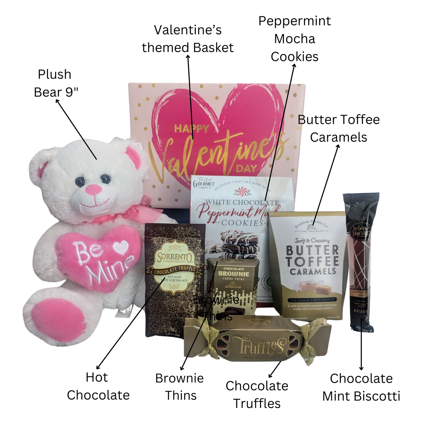 Valentine's Day Be Mine Gift Basket with Plush Pink Bear, Chocolate and Treats