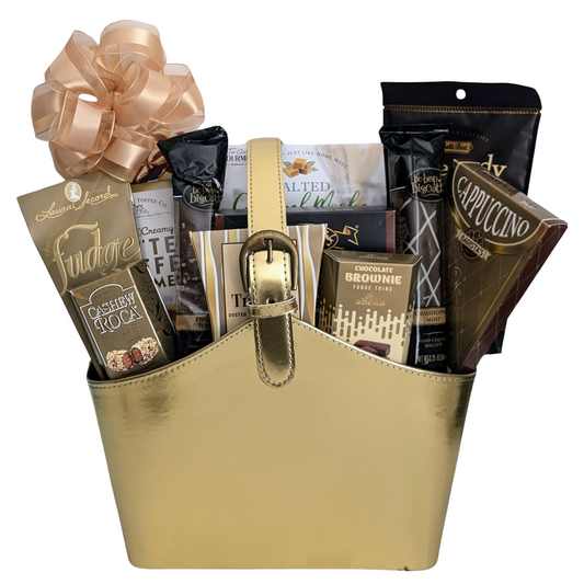 Golden Gourmet - Elegant Golden Faux Leather Tote with Chocolates & Cookies