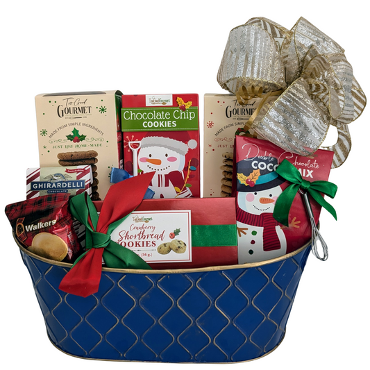 Christmas & Holiday Gift Baskets, Cookies & Hot Cocoa Gifts, Blue & Gold Holiday Gift Basket