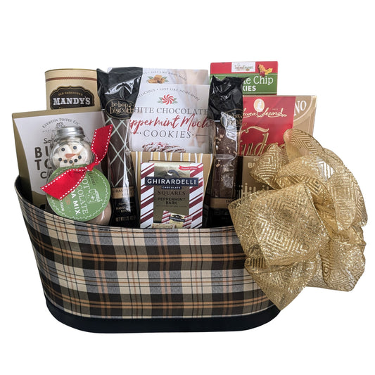 Assorted Chocolates & Cookies Plaid Gift Basket for Thanksgiving, Christmas & Holidays