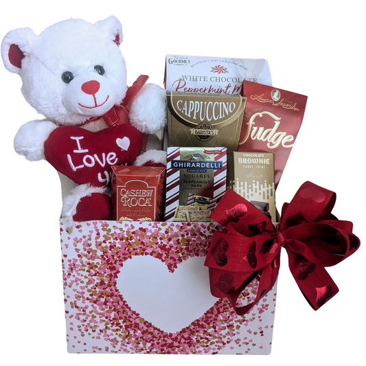 Heart themed Chocolates & Cookies Gift Basket with "I Love you" Teddy - Valentine's Day, All Occasion