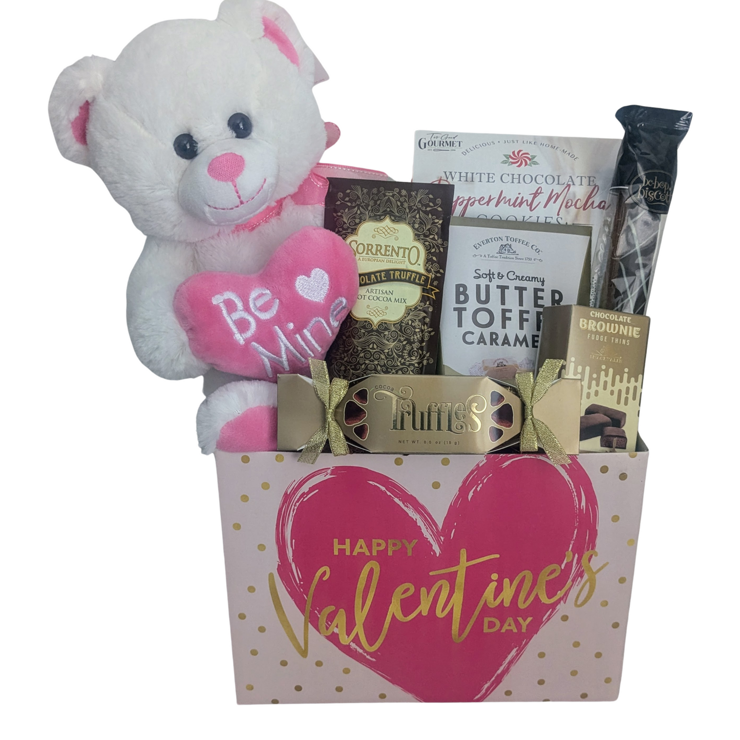 Valentine's Day Be Mine Gift Basket with Plush Pink Bear, Chocolate and Treats