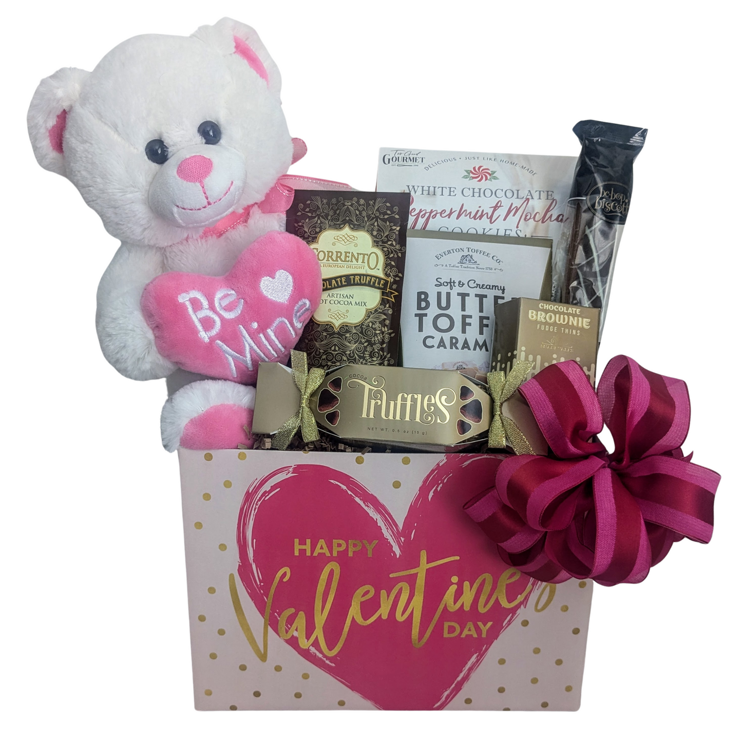 Valentine's Day Be Mine Gift Basket with Plush Pink Bear, Chocolate and Treats