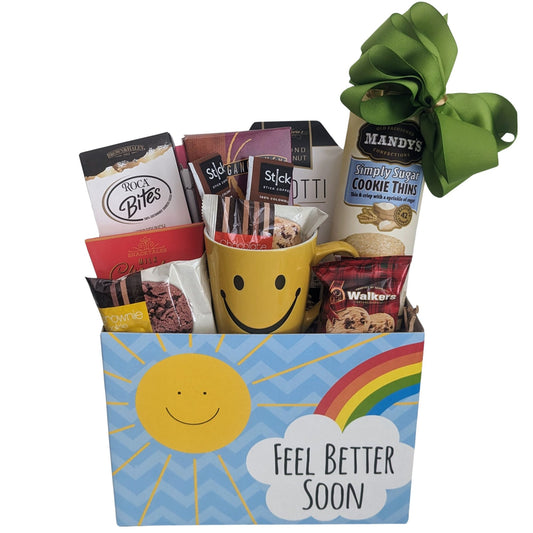 Get Well Soon Gift Basket - Smiley Mug with Tea, Coffee & Snacks - Feel Better Gifts, Business Gifts