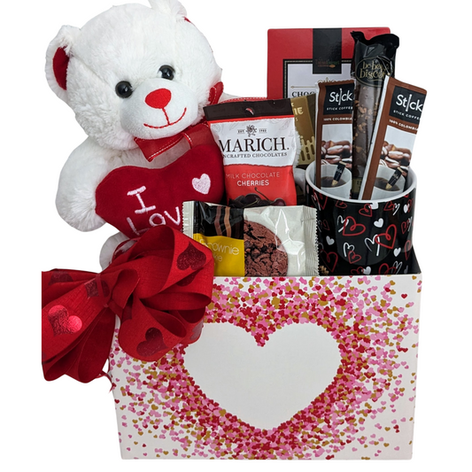 Heart themed Chocolates & Cookies Gift Basket with "I Love you" Teddy - Valentine's Day, All Occasion