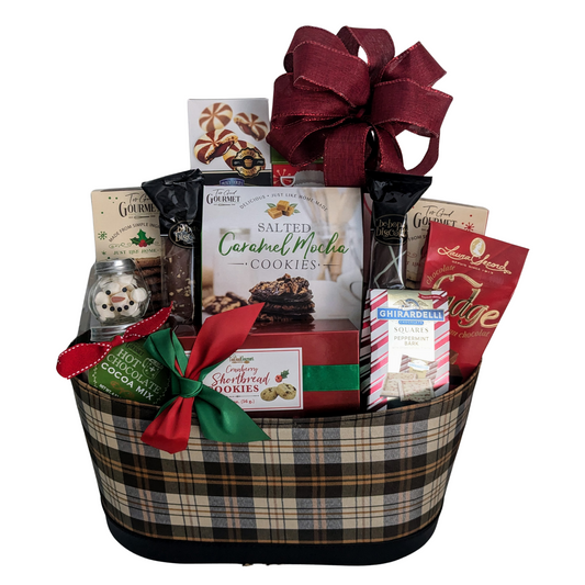 Assorted Chocolates & Cookies Plaid Gift Basket for Thanksgiving, Christmas & Holidays